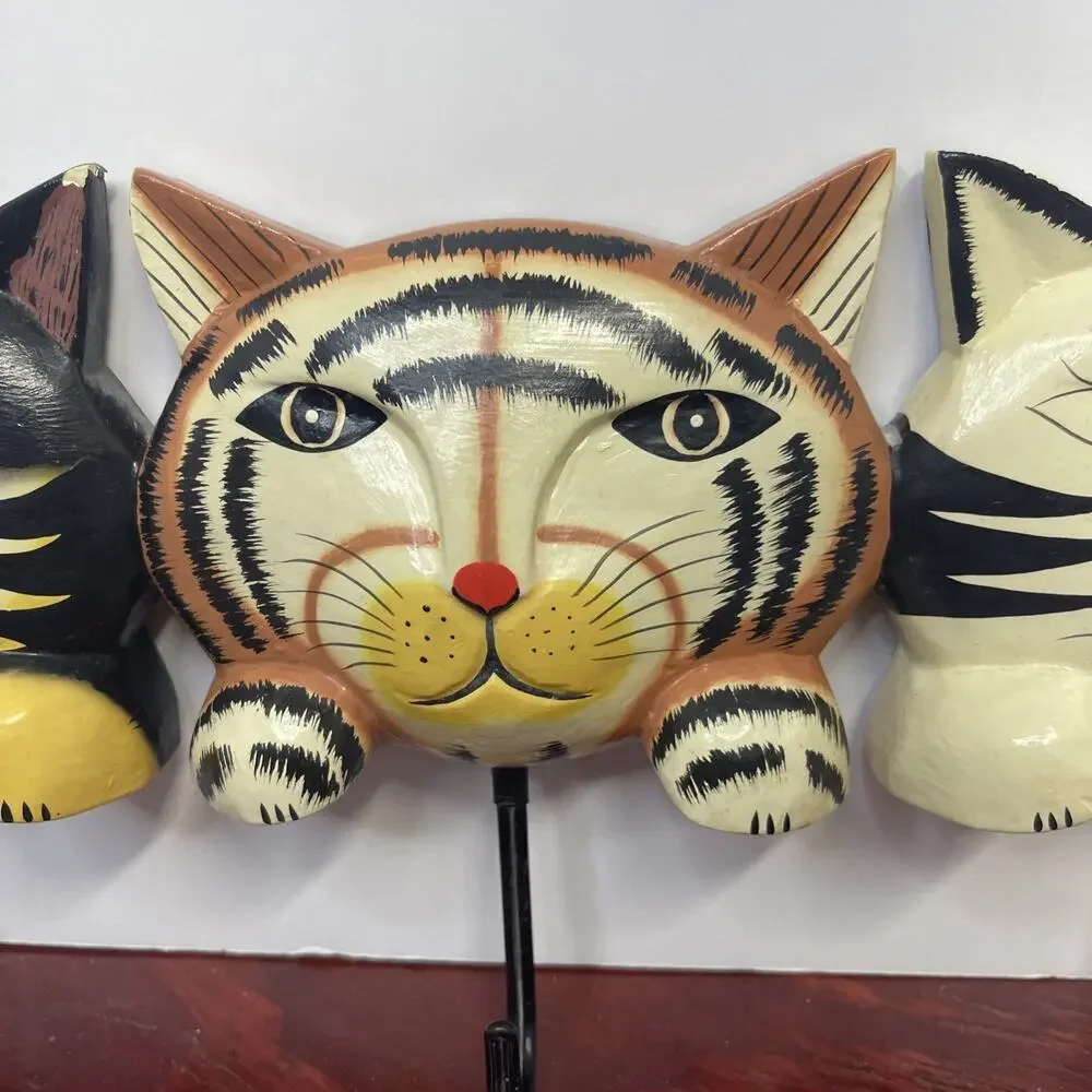 Vintage Wood, Three Cat Coat Hanger Wall Hanger Painted